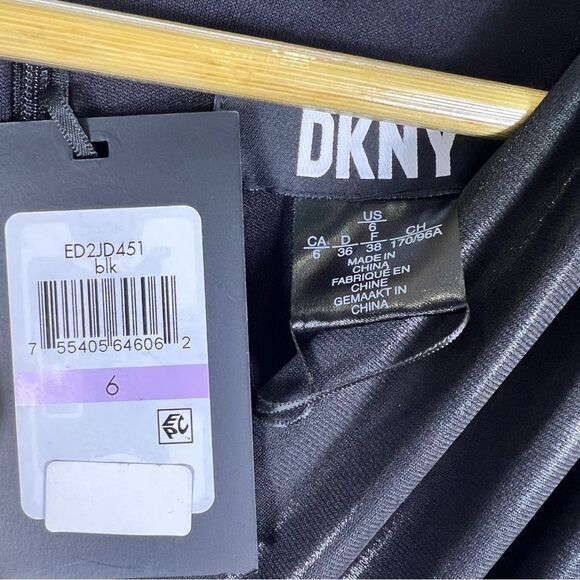 DKNY Dress Side Ruched Jersey Long V-neck Surplice Dress Faux Leather Look 6 NWT - Picture 7 of 16